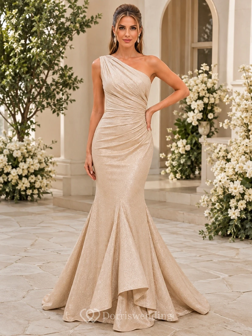 Champagne One Shoulder Draped Satin Mermaid Evening Gown