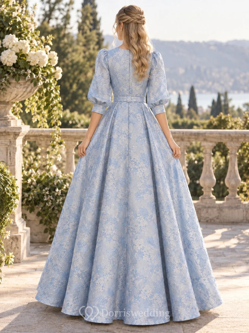 Vintage Sky Blue Jewel Neck Puff Sleeve Brocade Formal Dress view 2