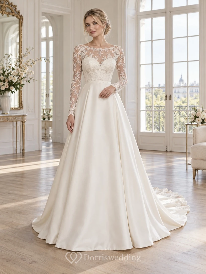 Brautkleid aus Satin mit hohem Kragen, langen Spitzenärmeln und A-Linien-Schnitt