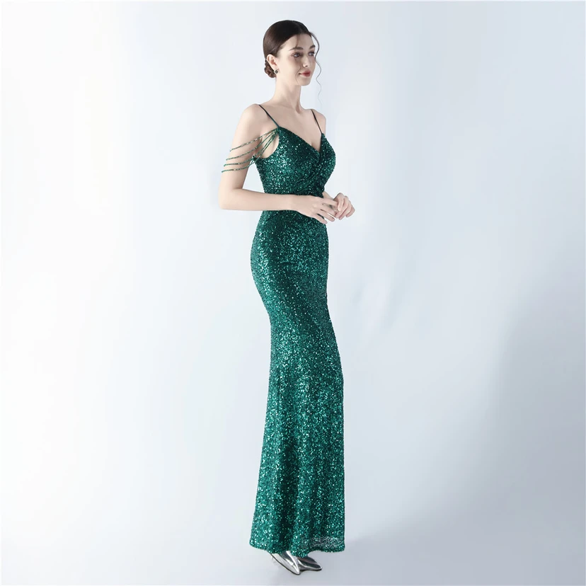 Robe de soirée sexy à bretelles et fente haute, ornée de perles et de perles artisanales. view 23