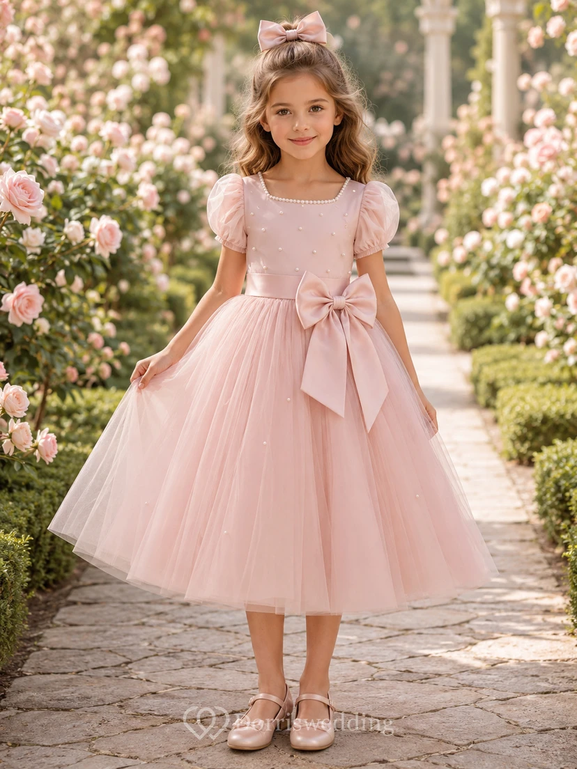 Vestido de niña de las flores, rosa rubor, encaje, tul, corte en A, manga corta, escote redondo, largo midi, lazo en la espalda.