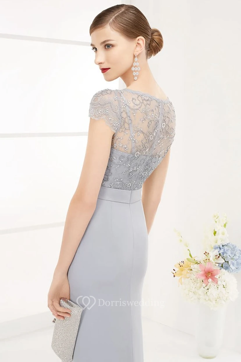 Bateau Short Sleeve Sequin Lace Top Long Prom Dress With Front Split view 2