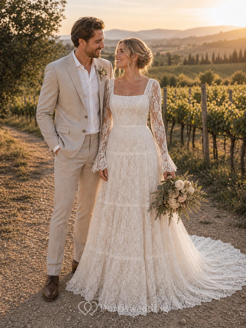 Vintage Boho Lace Wedding Dress with Square Neckline, Long Sleeves & Tiered A-Line Skirt view 3