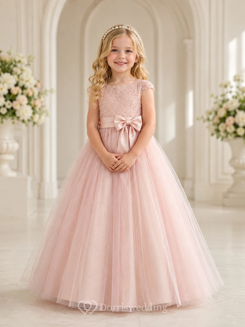 Lace Bodice Tulle Flower Girl Dress with Bow Back