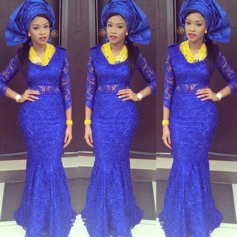 Gorgeous Royal Blue Lace Mermaid Evening Dress Long Sleeve
