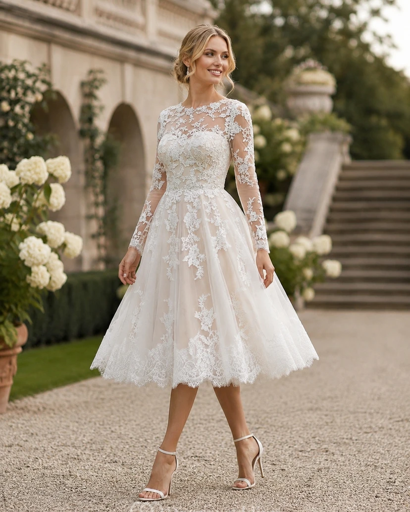 Robe de mariée mi-longue à manches longues en dentelle illusion style vintage view 3