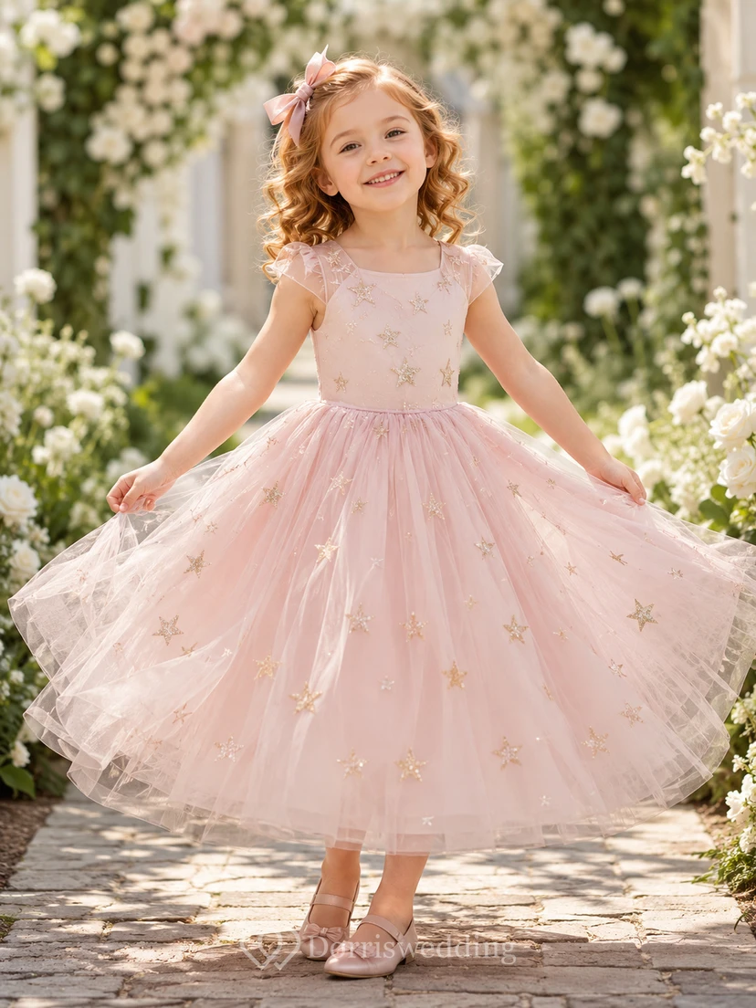 Pink Romantic A-Line Tulle Flower Girl Dress Cap Sleeve Scoop Neck Tea-Length Star Detail