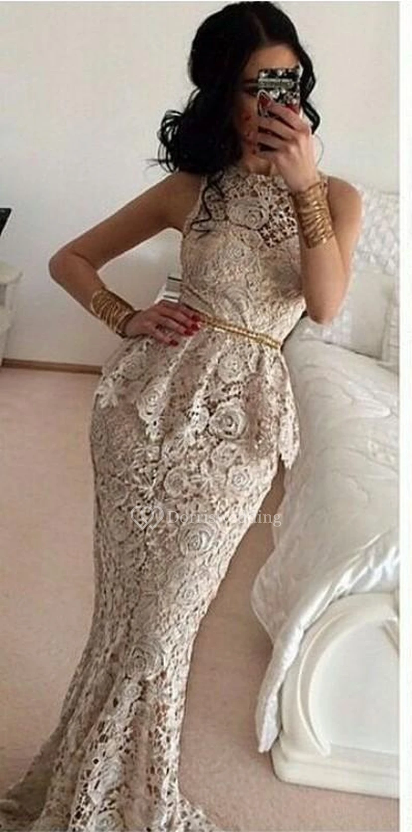 Gorgeous Full Lace Sleeveless Mermaid Evening Dresses Sweep Train Prom Gowns view 2