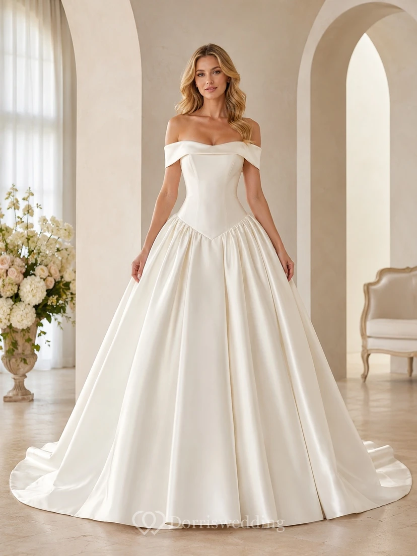 Vestido de novia de satén estilo princesa con hombros descubiertos y cintura baja