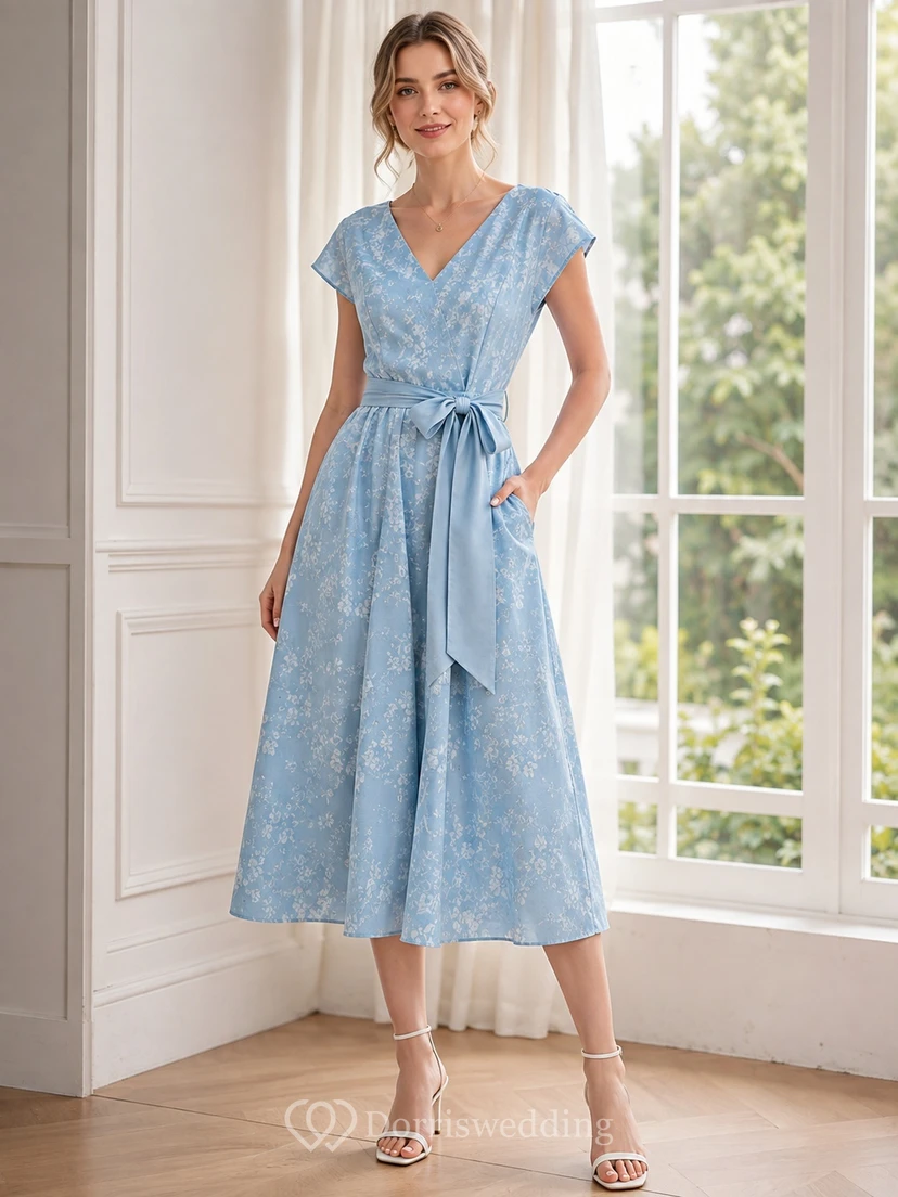 Sky Blue Floral V-Neck Short Sleeve Chiffon A-Line Tea-Length Sash Dress