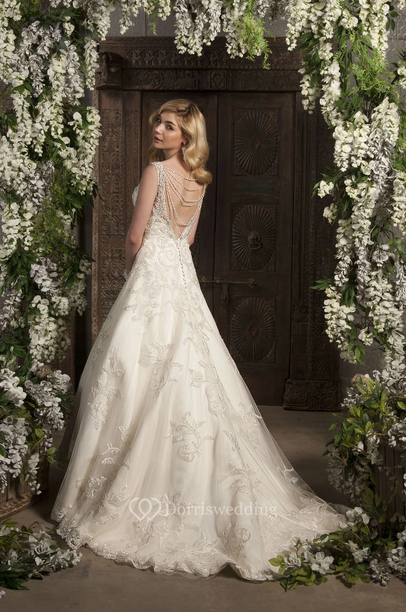 A-Line Maxi V-Neck Beaded Sleeveless Lace Wedding Dress view 2