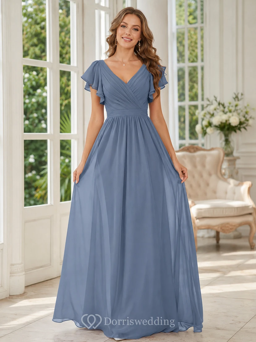 Elegant Indoor Formal Slate Blue Romantic A-Line Chiffon Bridesmaid Dress with V-Neck Short Sleeve Floor-Length Low Back