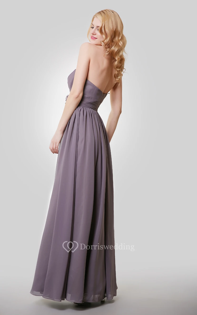 Chiffon A-Line Floor Length Dress With Flower and Pleat view 2