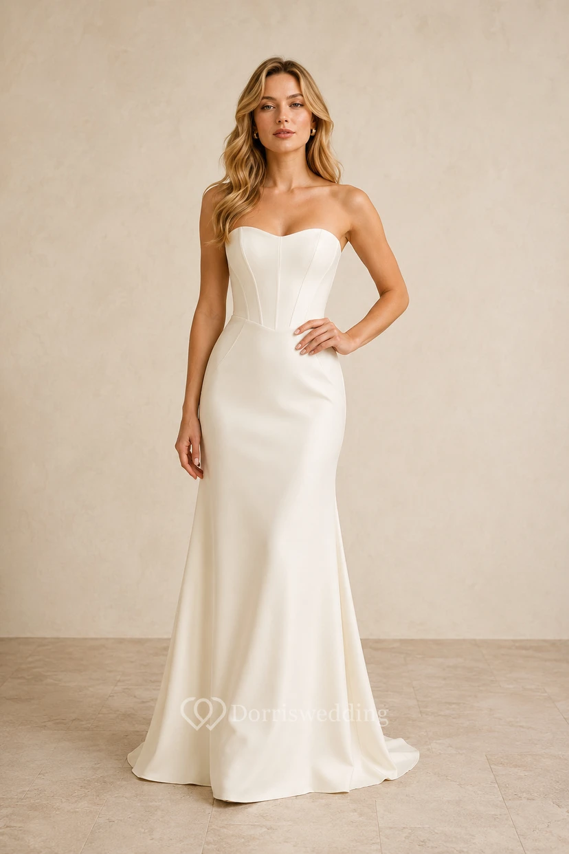 Robe de mariée sirène en satin ivoire, bustier sans bretelles, avec traîne.