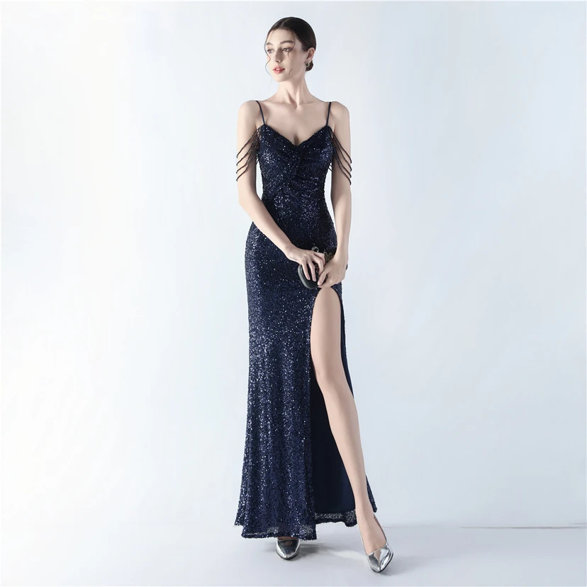 Robe de soirée sexy à bretelles et fente haute, ornée de perles et de perles artisanales. view 32