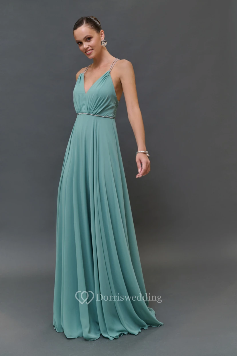Spaghetti-Empire-Chiffonkleid in Bodenlänge mit Perlenstickerei view 5