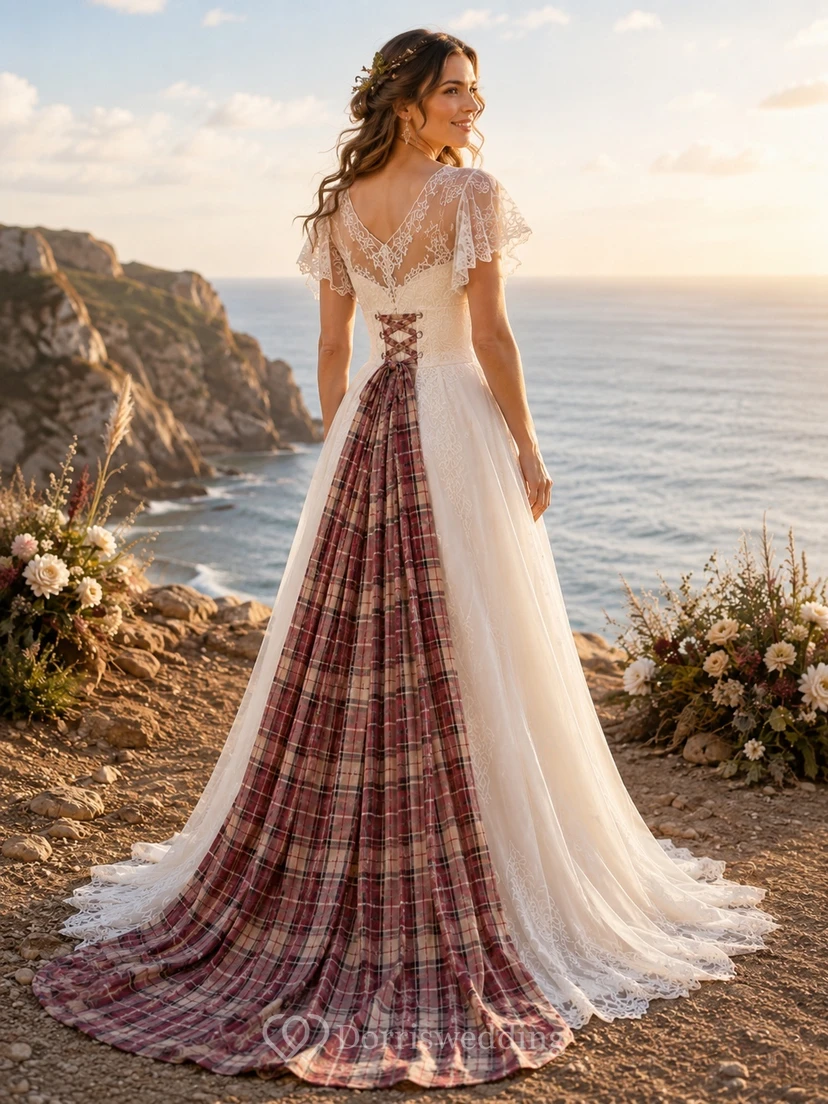 Scottish Handfasting Tartan-Train Cap-Sleeve V-Neck Lace A-Line Boho Wedding Dress view 2