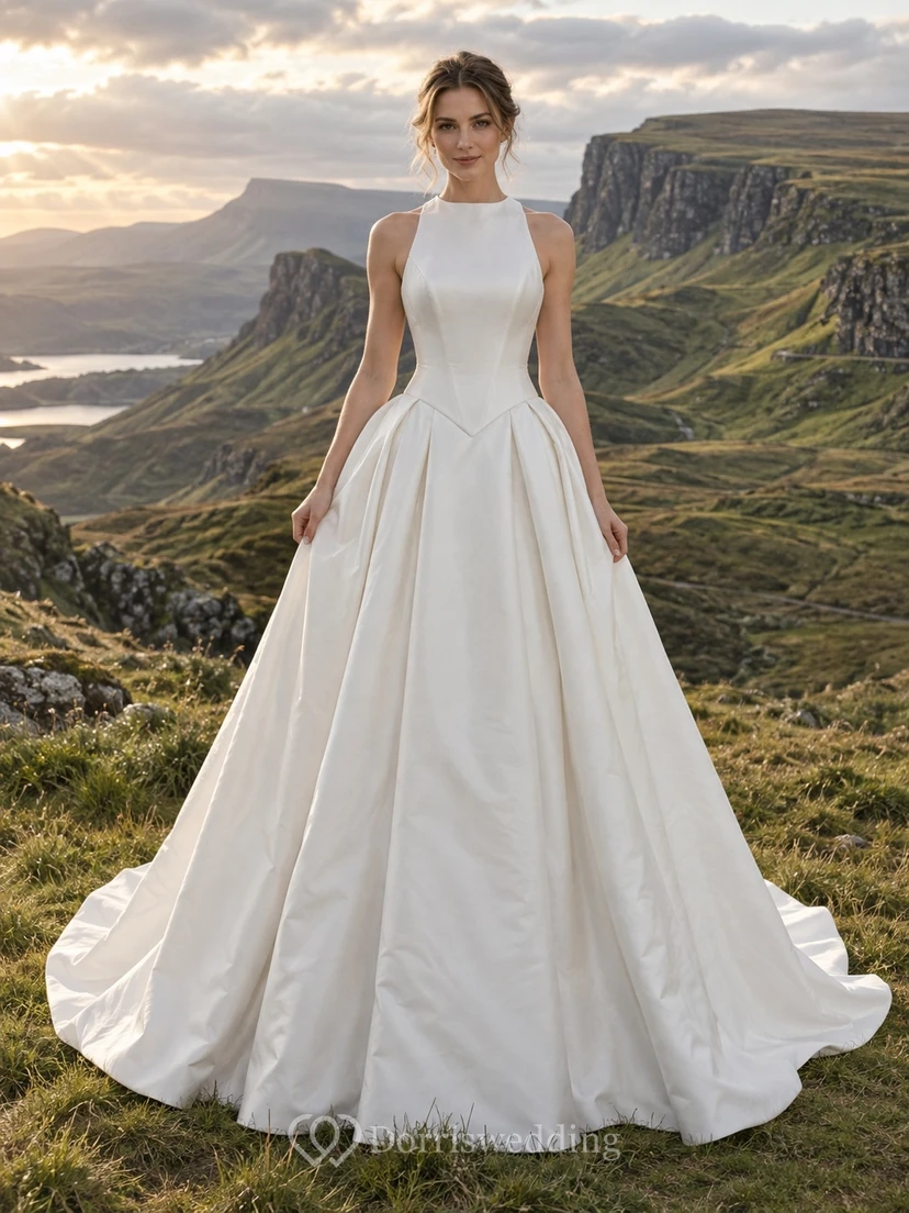 Vestido de novia sencillo de tafetán con cuello alto, corte en A, cintura puntiaguda y falda plisada.