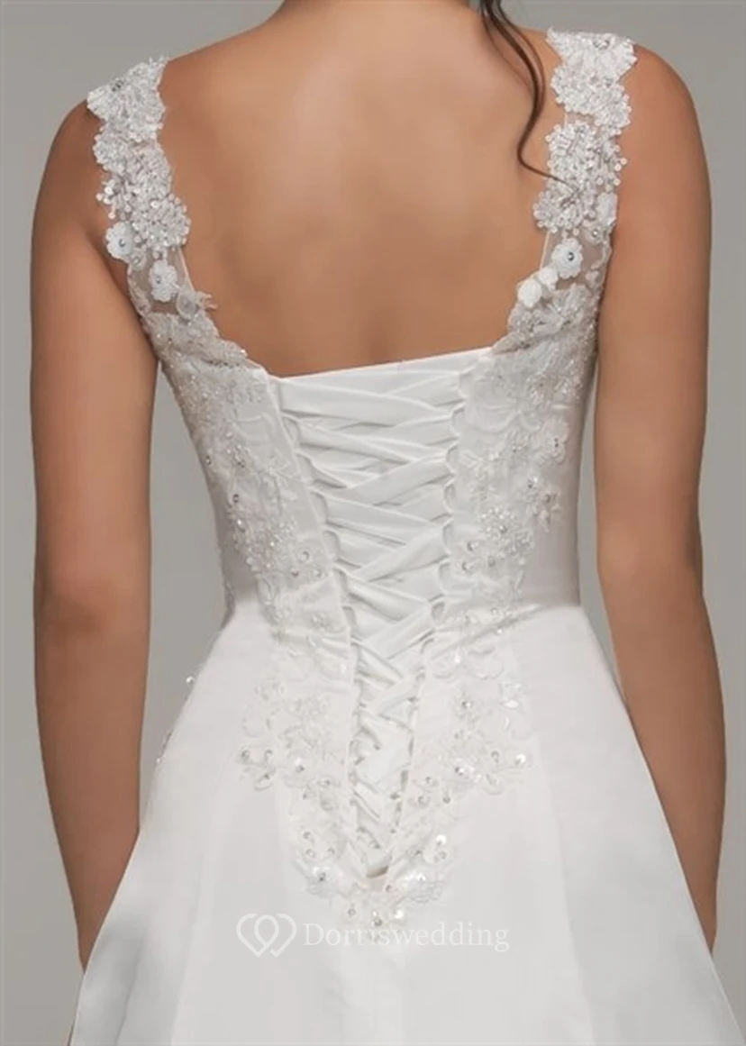 Vestidos de novia de corte A, con drapeado lateral, escote en V, sin mangas, de satén elástico y con apliques. view 4