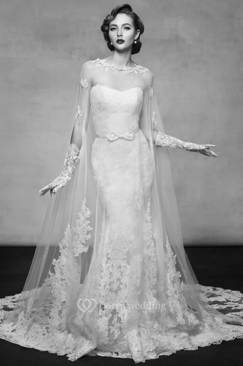 Floor-Length High Neck Appliqued Lace Wedding Dress With Bow
