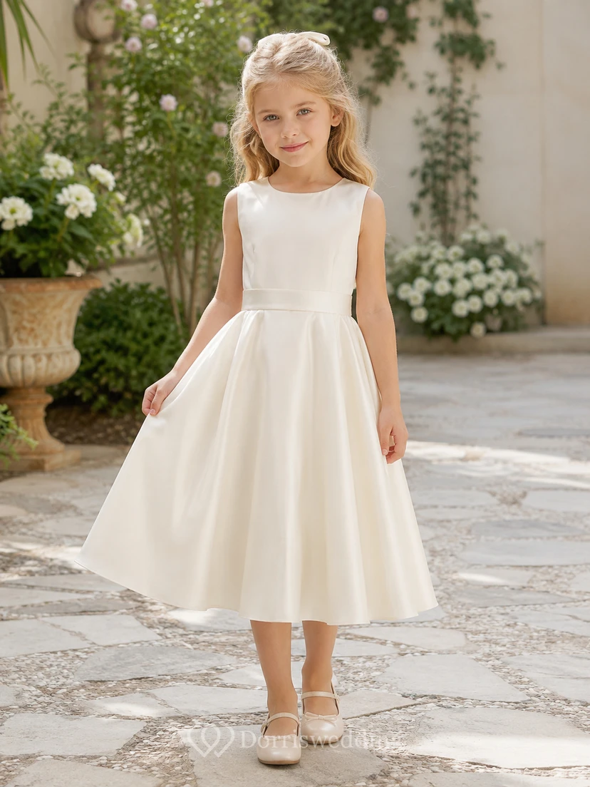 A-Line Flowergirl Satin Tea-Length Sleeveless Minimalist Garden Wedding Dress with Natural Waist