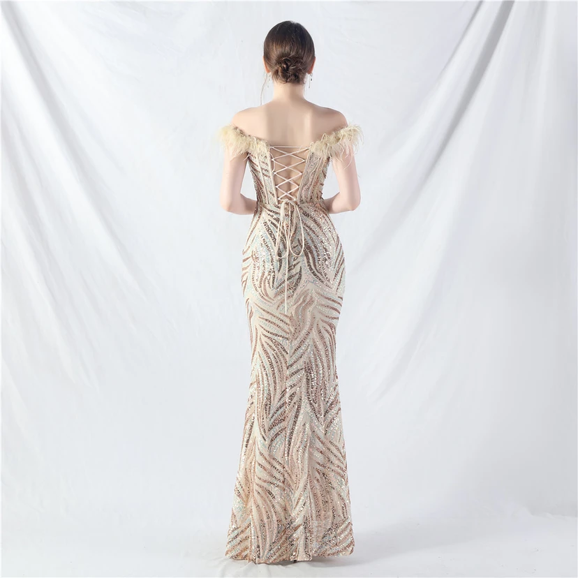 Robe de soirée haut de gamme à sequins, ornée d'un gilet à taille en arêtes de poisson et de plumes d'autruche. view 6