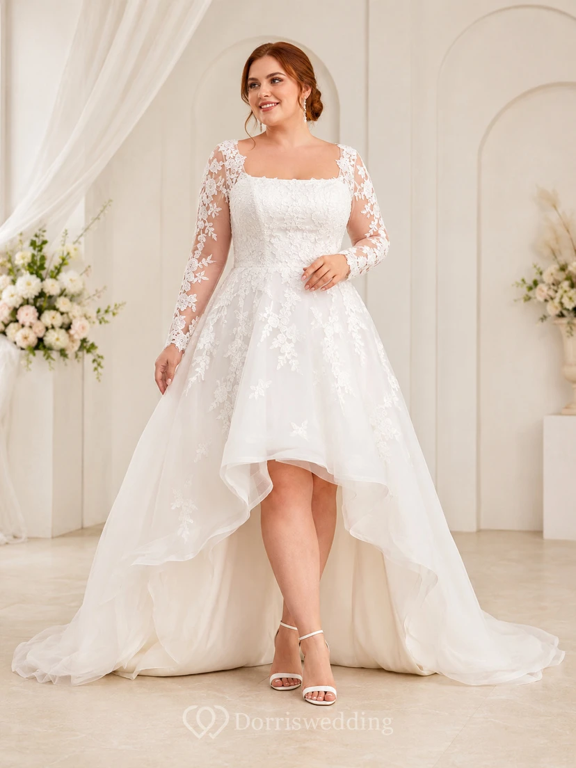 Plus Size Hochzeitskleid mit eckigem Ausschnitt, Spitzenärmeln und asymmetrischem Saum