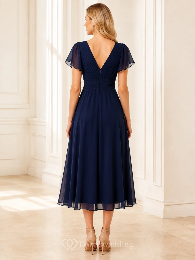 Navy V-Neck Short Sleeve Chiffon A-Line Tea-length Flutter Garden Dress view 2
