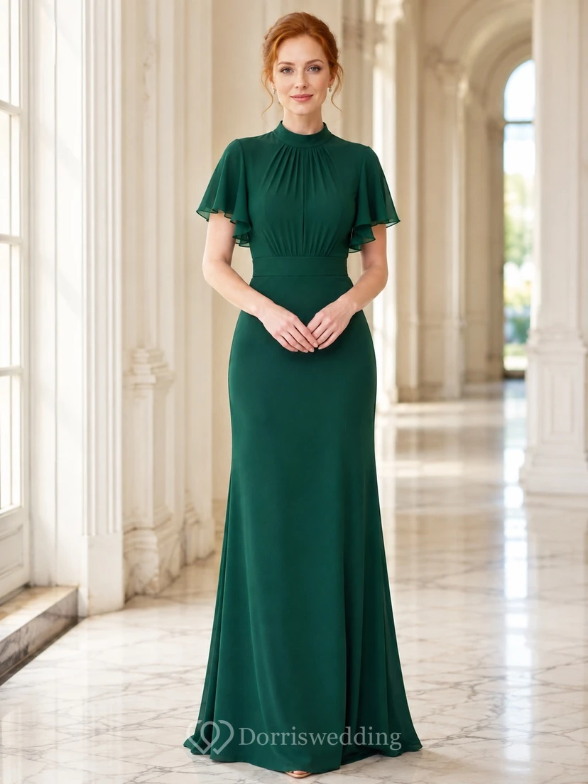 Dark Green Flutter Sleeve High Neck Ruched Sheath Floor-length Formal Dress