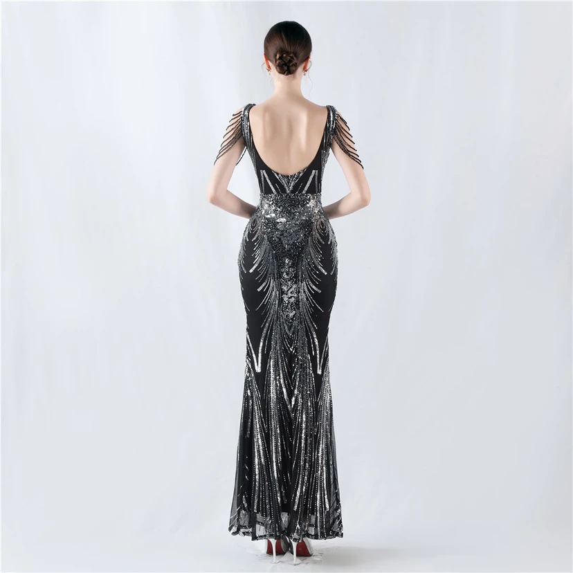 Paillettenbesetzte Blumen mit Cape-Stickerei, hochwertiges Abendkleid, ideal für die Ausrichtung der Jahrestagung view 36