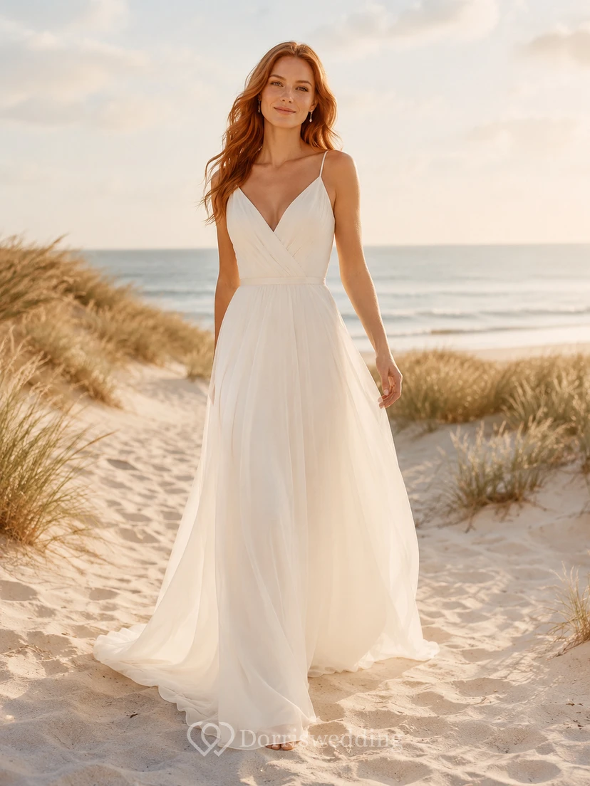Beach Chiffon Tulle Wedding Dress A-Line Spaghetti Strap Floor Length Bridal Gown