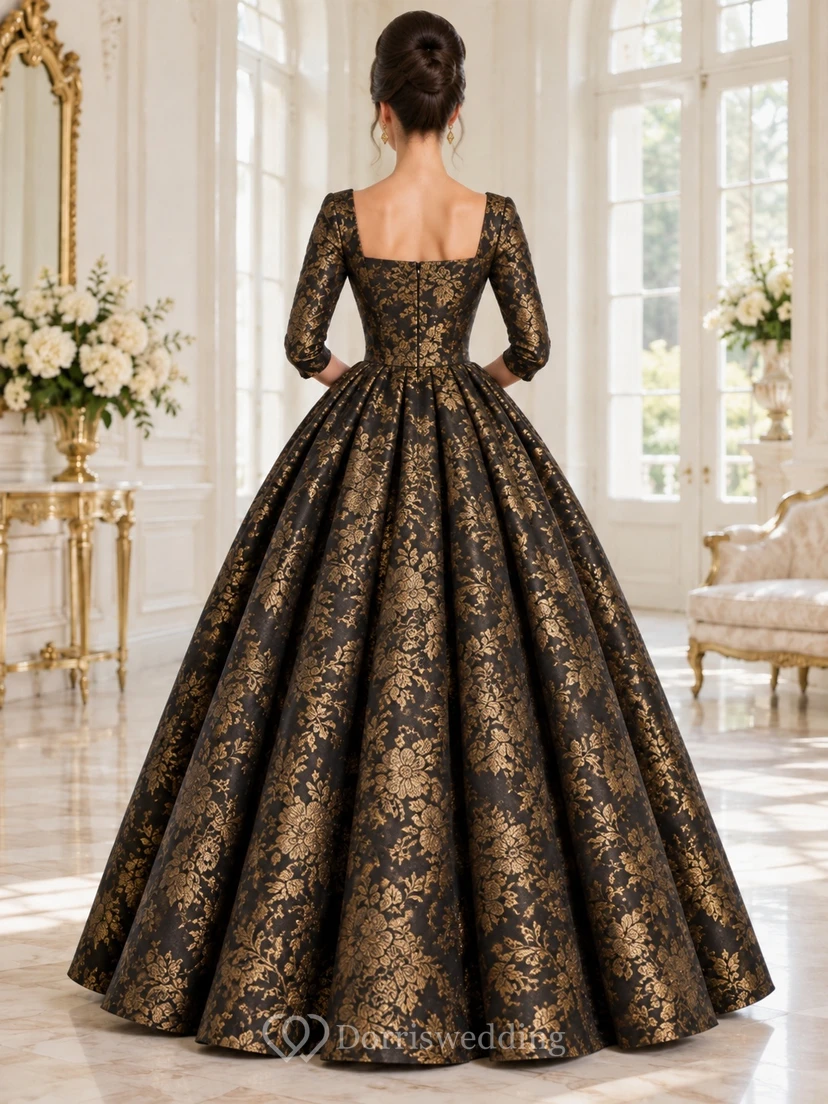 1960s Black Gold Square Neck Half Sleeve Jacquard Evening Ball Gown view 2