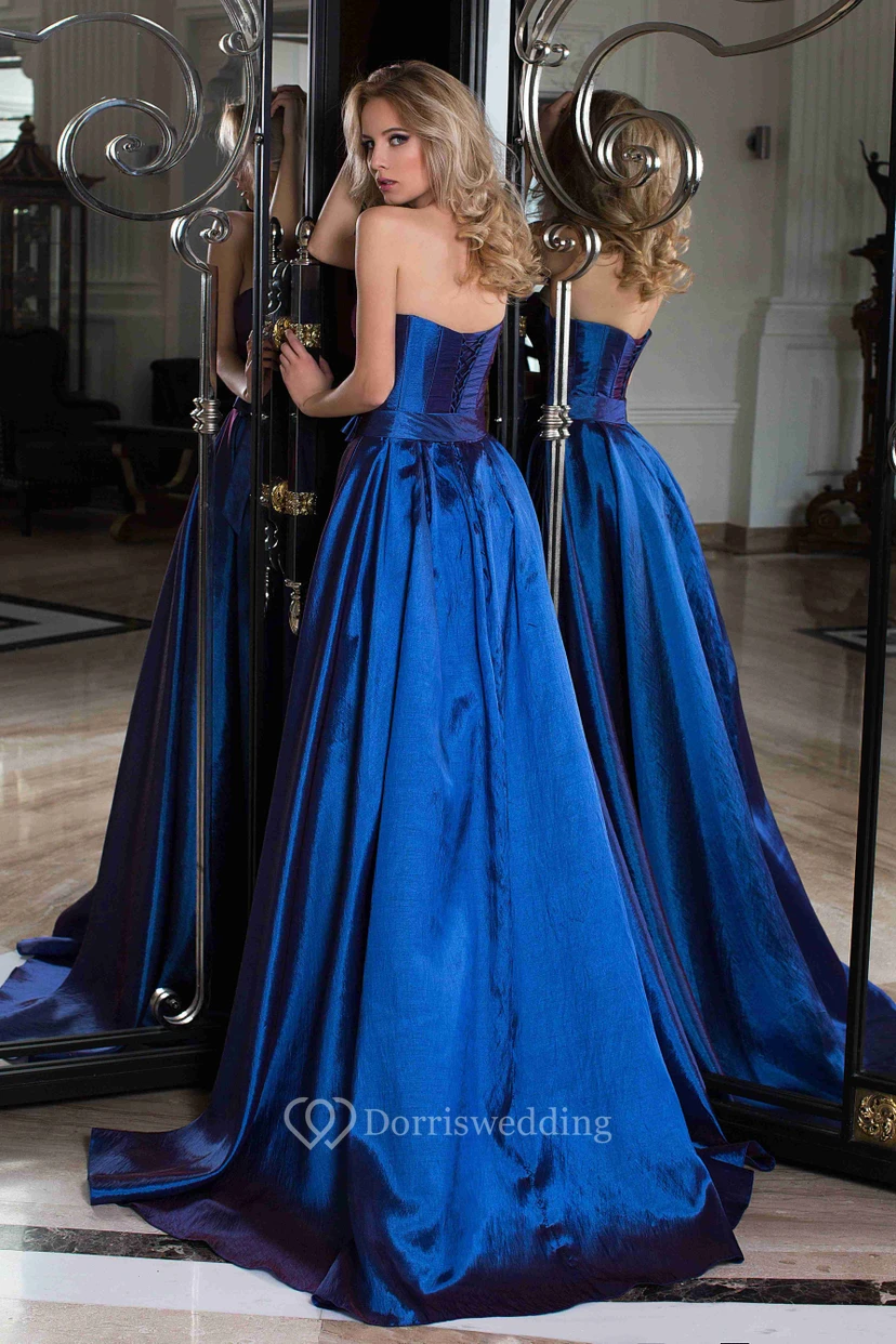 A-Line Long Strapless Sleeveless Bowed Satin Prom Dress With Corset Back And Brush Train view 2