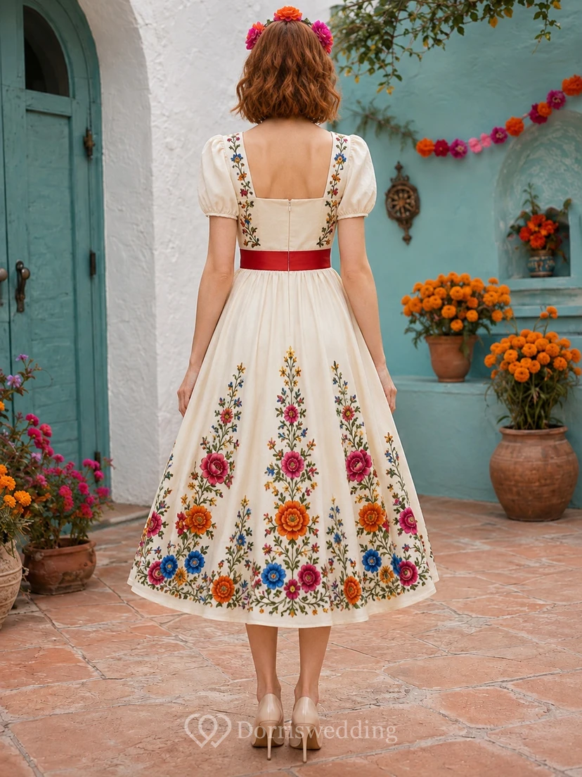 Vestido vintage de corte A, largo midi, color marfil, con escote cuadrado, mangas abullonadas y bordado floral. view 2
