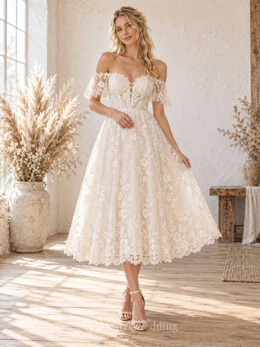 Boho Tea-length Off Shoulder Floral Lace A-Line Wedding Dress