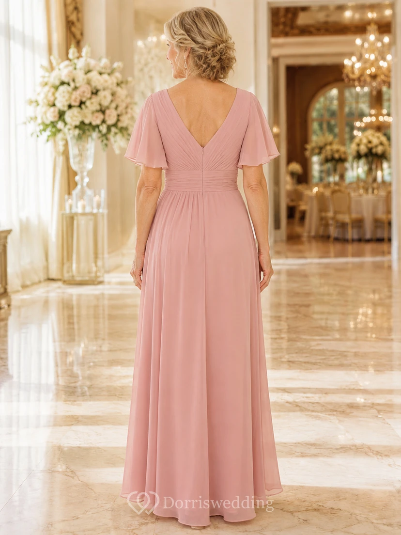 Rosafarbenes, festliches Chiffon-Abendkleid im Großmutter-Stil mit V-Ausschnitt und flatternden Ärmeln view 2
