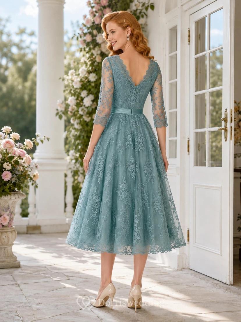Dreiviertelärmeliges, himmelblaues Brautkleid mit V-Ausschnitt, Spitze und A-Linien-Schnitt in Teelänge view 2