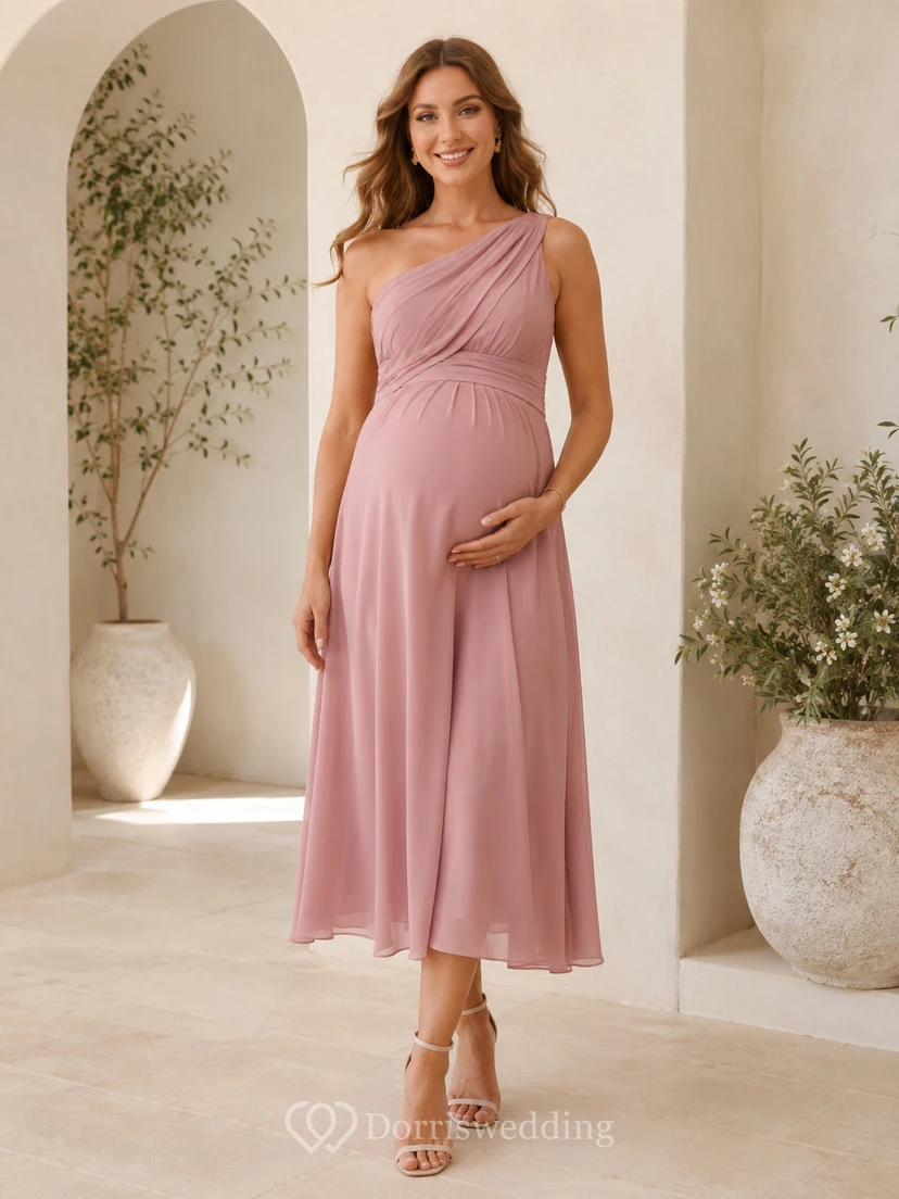 Vestido de fiesta de gasa de un solo hombro estilo imperio, color rosa empolvado, para invitada.