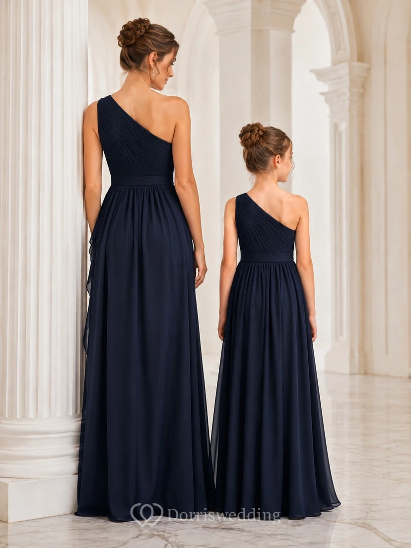 Mother Daughter Dark Navy One-Shoulder Chiffon Formal Dress Set view 2