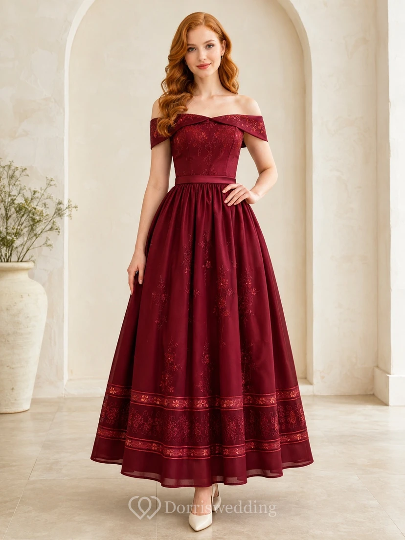 Burgundy Vintage Floral Print Off-the-shoulder Pleated A-Line Tea-length Dress