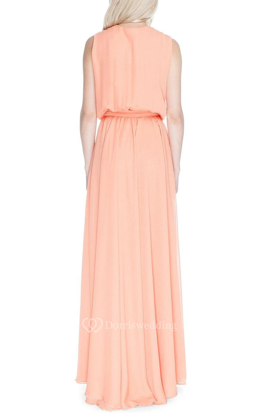 V Neck Pleated A-line Chiffon Floor Length Dress With Sash view 3