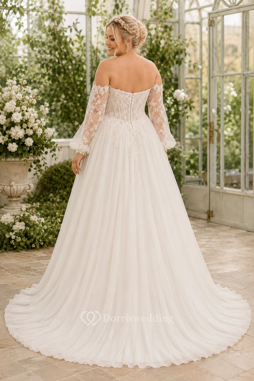 Plus Size schulterfreies, langärmeliges A-Linien-Brautkleid aus Spitze mit Schlitz view 2