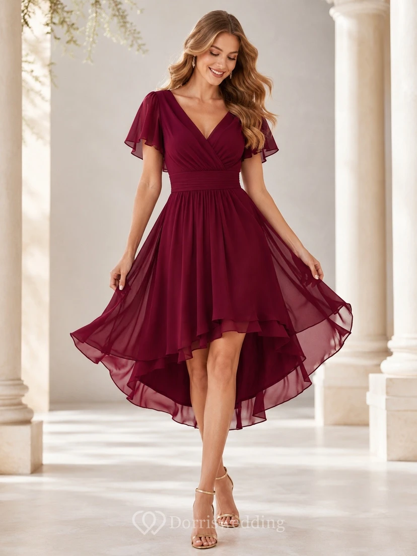 Elegante vestido de cóctel de gasa color burdeos con escote en V, manga corta y corte asimétrico.