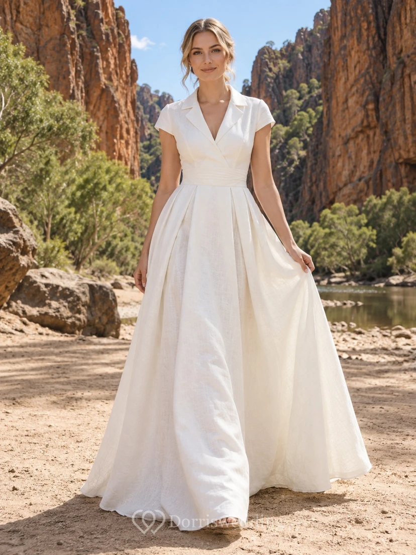 Schlichtes Brautkleid aus Satin mit V-Ausschnitt, Kragen, kurzen Ärmeln und A-Linien-Schnitt