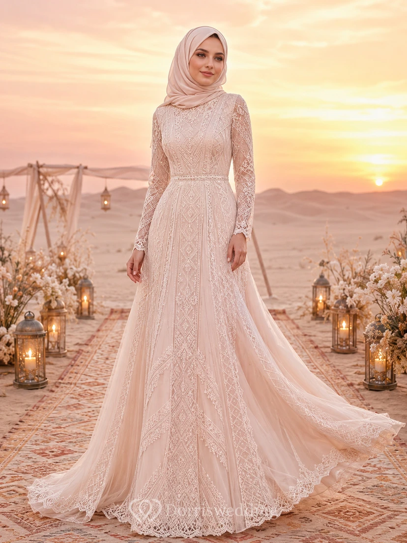 Boho-Hochzeitskleid aus muslimischer Spitze mit langen Ärmeln und A-Linien-Schnitt