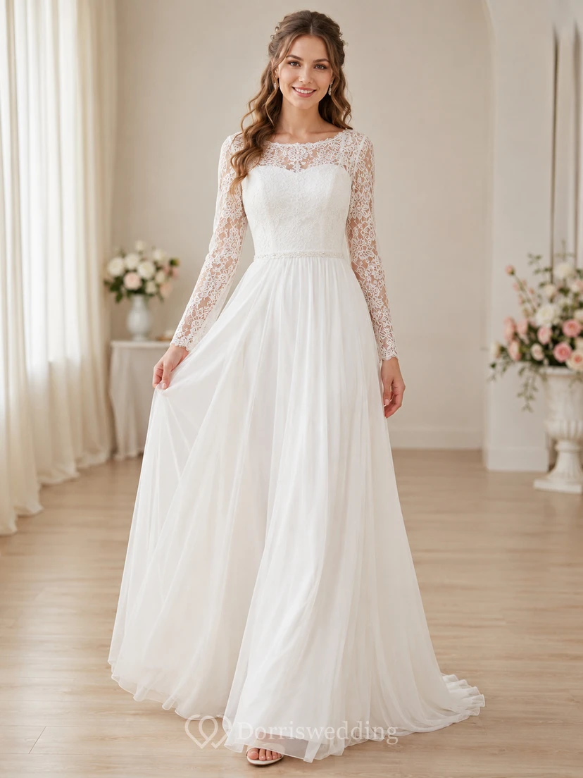 Budget High Neck Lace Chiffon Wedding A Line Long Sleeve Sweep Train