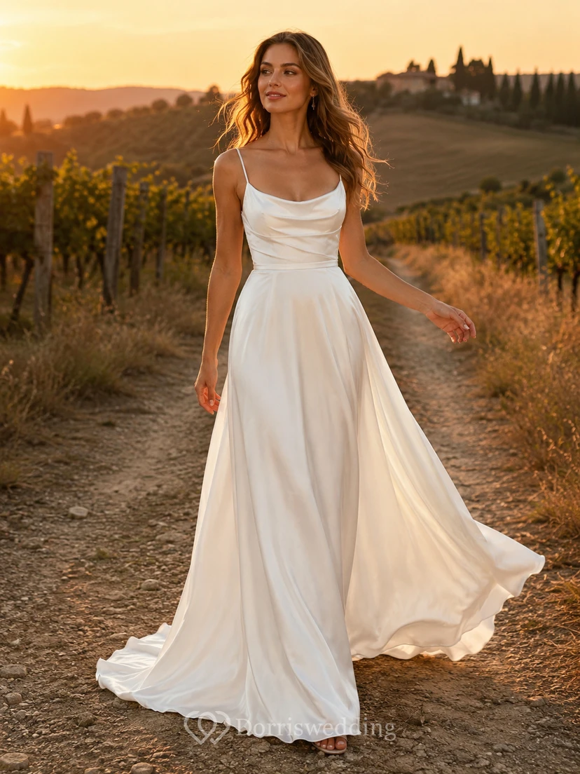 Flowing Cowl V-Neck Chiffon Vineyard Elopement Bridal Gown