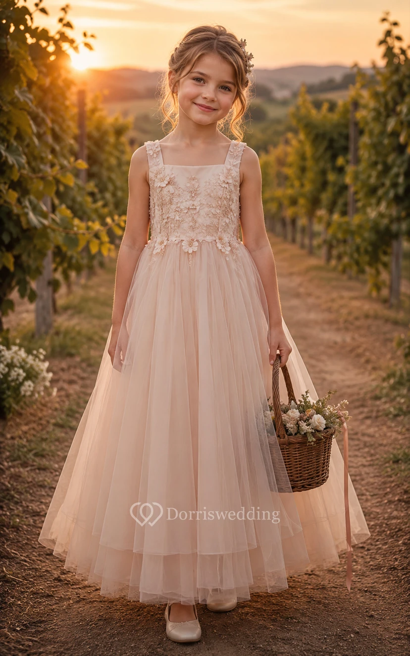 Country Blush Lace Bodice Tulle Flower Girl Dress
