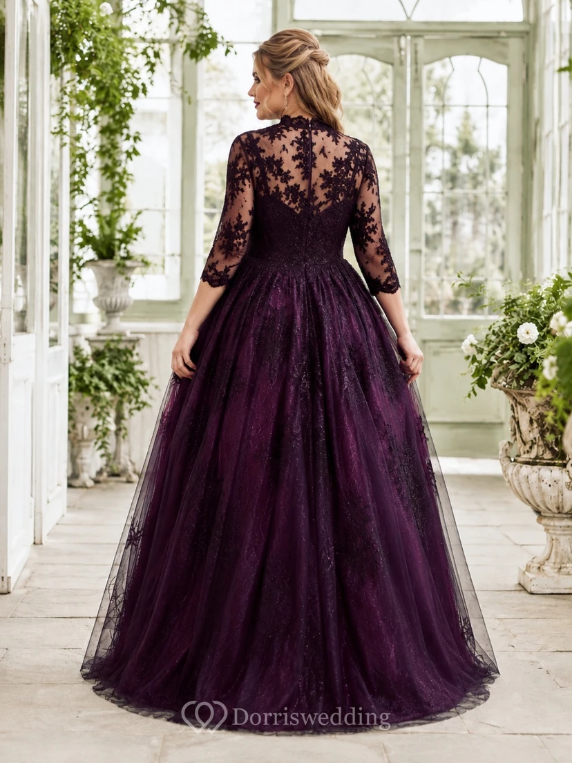 Plus Size Plum High Neck Three-Quarter Lace Sleeve Gothic Ball Gown Floor-Length Dress view 2