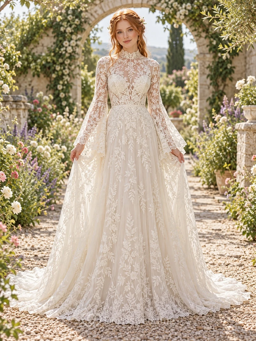 Boho High Neck Bell Sleeve Floral A-Line Wedding Dress